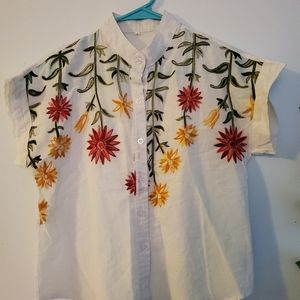 Womens Flower Embroidered Button Down